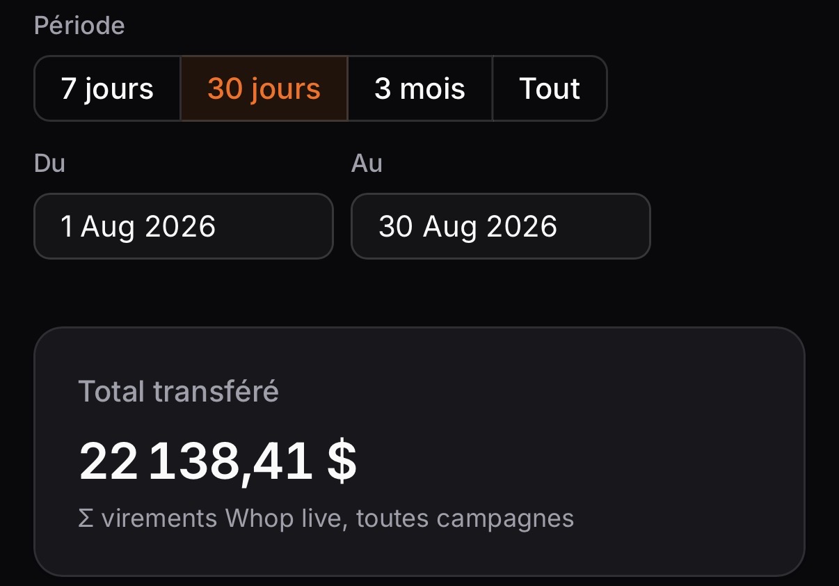 22 138 $ de virements · 30 jours