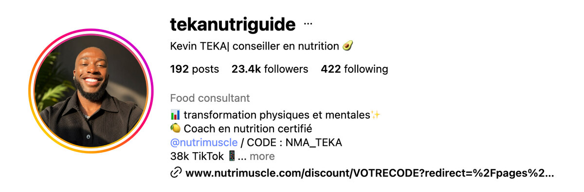 Aperçu du profil Instagram de Kevin Teka (@tekanutriguide)